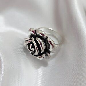 Vintage Silver Rose Ring Oxidized Floral Split Shank Women Statemen